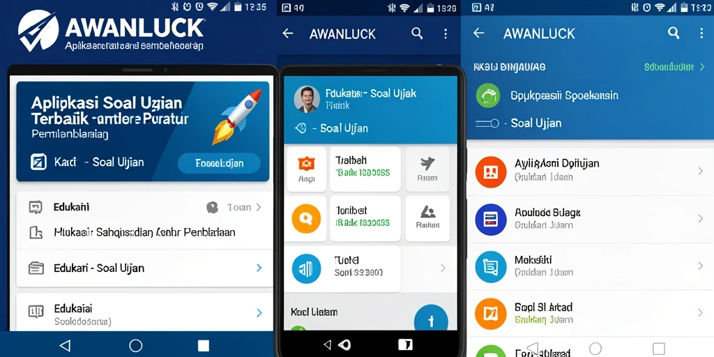 Tampilan antarmuka AWANLUCK dengan berbagai soal ujian untuk pembelajaran.