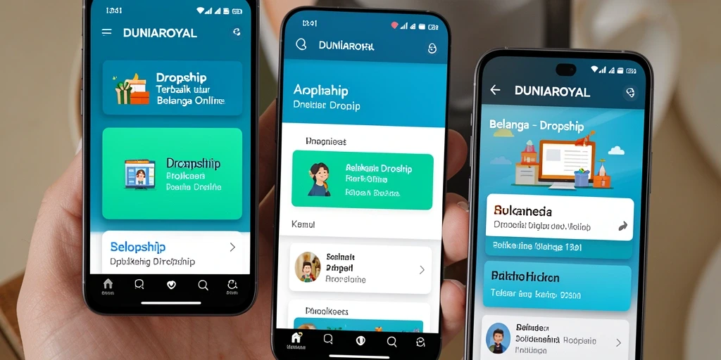 Antarmuka aplikasi DUNIAROYAL untuk fungsi dropship yang efisien.