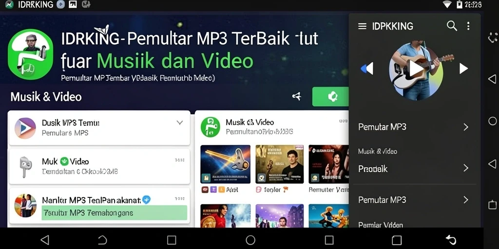 Antarmuka aplikasi Pemutar MP3 IDRKING yang user-friendly dan menarik.